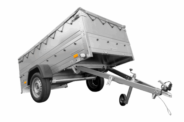 GRANDE REMORQUE 230X125 AVEC BÂCHE PLATE GRISE, REHAUSSES DE RIDELLES ET ROUE JOCKEY - GARDEN TRAILER 230 KIPP