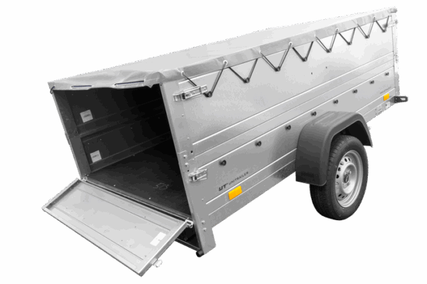 GRANDE REMORQUE 230X125 AVEC BÂCHE PLATE GRISE, REHAUSSES DE RIDELLES ET ROUE JOCKEY - GARDEN TRAILER 230 KIPP – Image 4